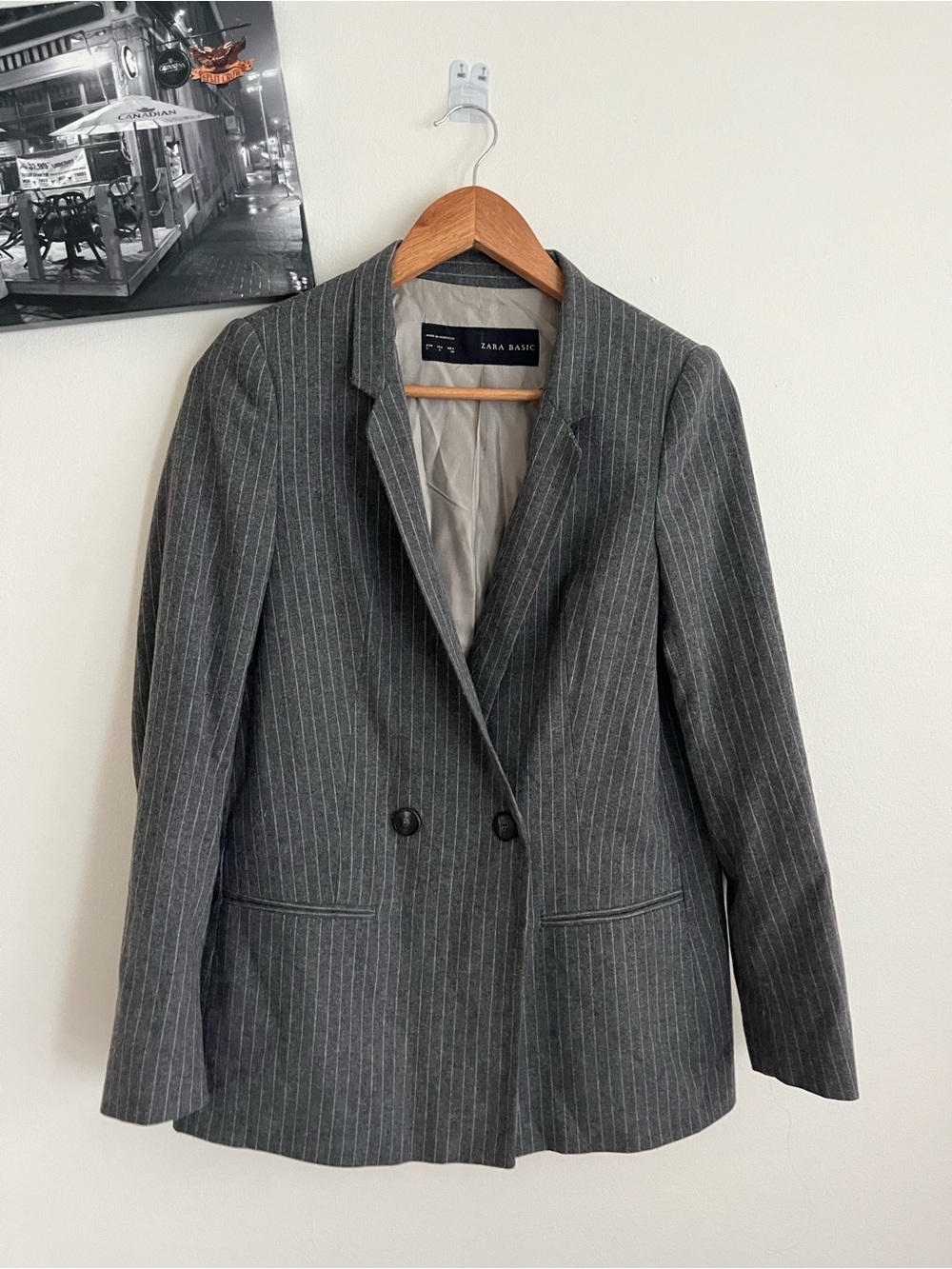 ZARA BASIC Grey Pinstripe Double-Breasted Blazer- Size Small PTP 18.5inch
